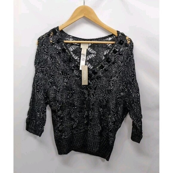 Chico's Black Embellished Open Knit Pullover Sweater Small - Picture 5 of 12